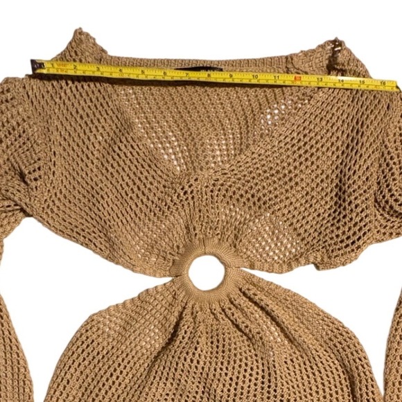 Crochet Cutout Mini Dress Beige Knit Ring Detail Long Sleeve Beach Vacation S - Picture 8 of 8